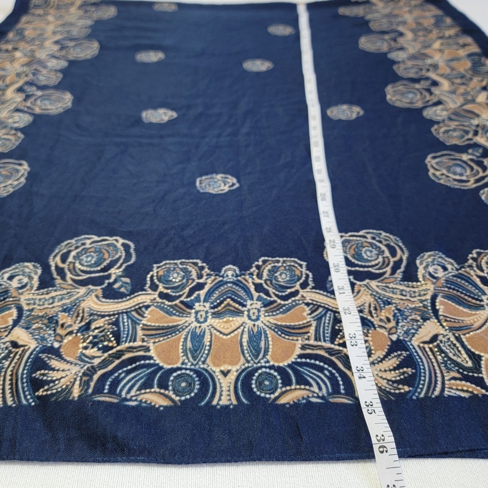 Vintage Navy Blue Large XL Scarf 72"/32" Brown Gold Roses Soft Fabric Romantic - Picture 7 of 8